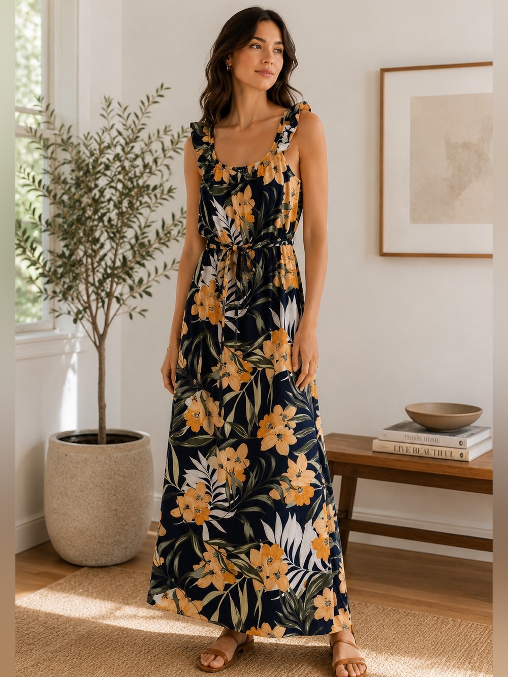 RW&co Floral Maxi Dress with Ruffle Straps